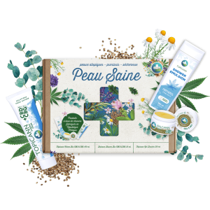 Coffret Peau Saine Annabis : soins bio pour peau sèche, sensible et irritée, avec baume, crème et gel douche.