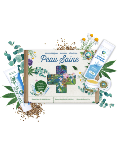 Coffret Peau Saine Annabis : soins bio pour peau sèche, sensible et irritée, avec baume, crème et gel douche.