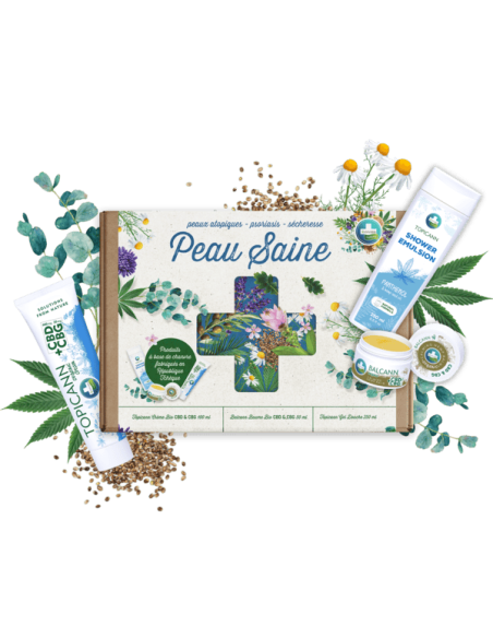 Coffret Peau Saine Annabis : soins bio pour peau sèche, sensible et irritée, avec baume, crème et gel douche.