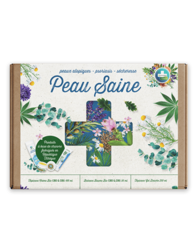 Coffret Peau Saine Annabis : soins bio pour peau sèche, sensible et irritée, avec baume, crème et gel douche.