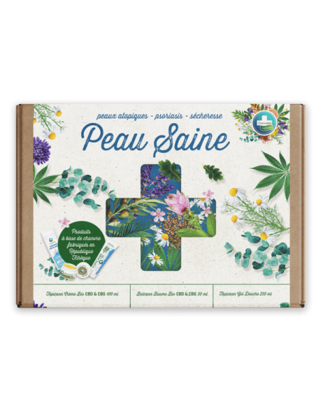 Coffret Peau Saine Annabis : soins bio pour peau sèche, sensible et irritée, avec baume, crème et gel douche.